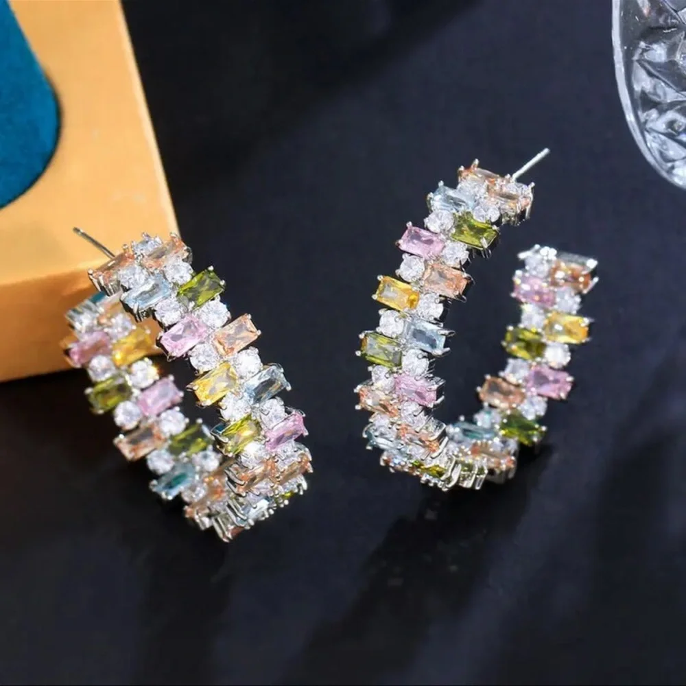 Colorful Zircon Hoop Earrings - Picture 3 of 6